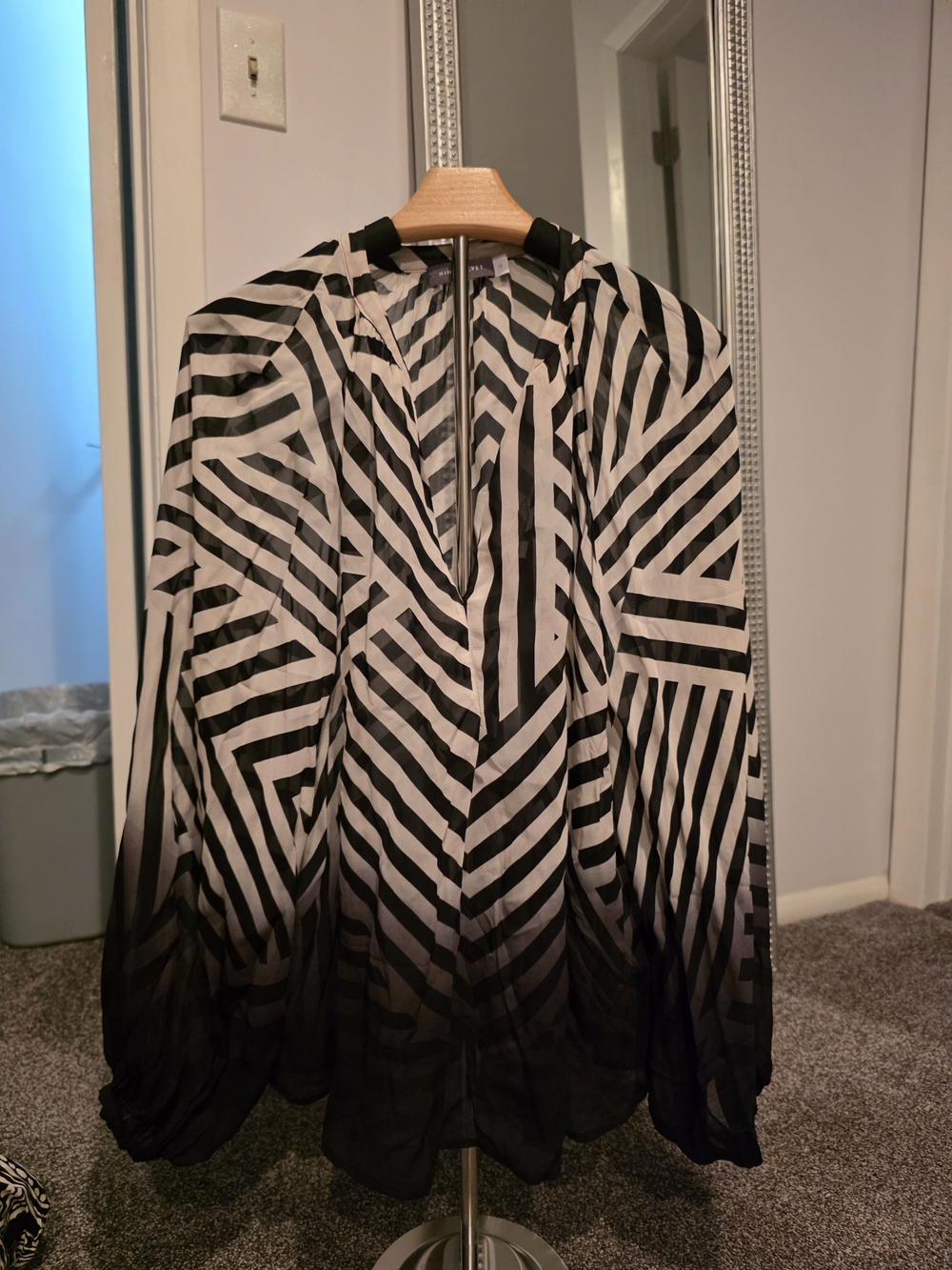 Striped V-Neck Long-Sleeve Blouse in Black and White